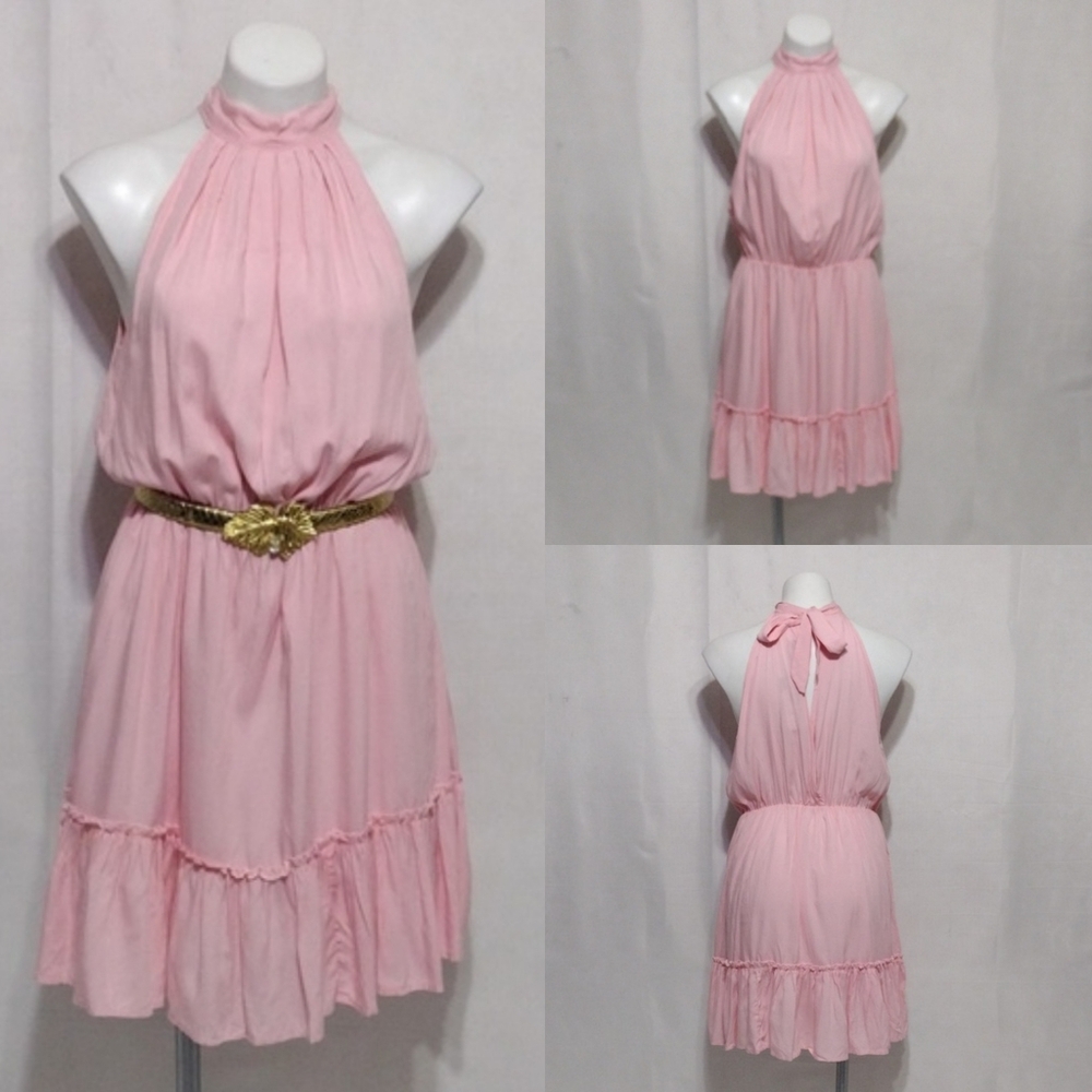 NWT BTFBM Boho Pink Tiered Halter Mini Dress Medium Keyhole Back Elegant Chic